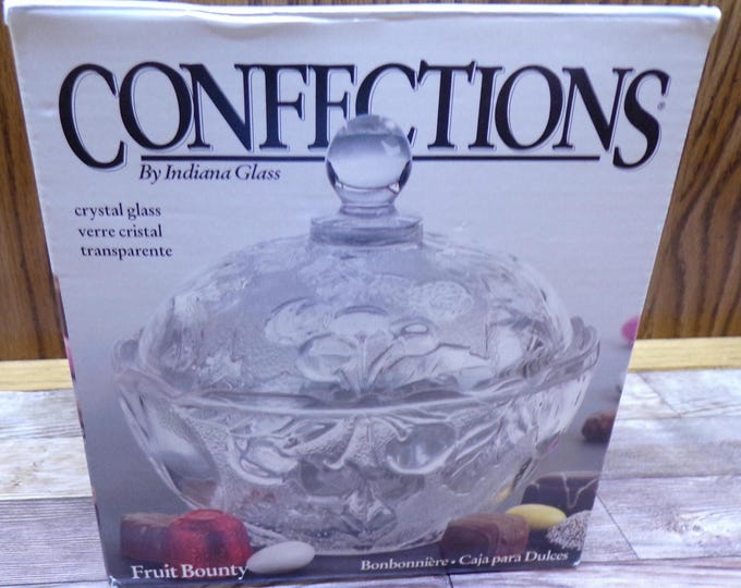2508 Indiana Glass Confections "Fruit Bounty" 6" Vintage Crystal Glass Candy Dish in Original Box