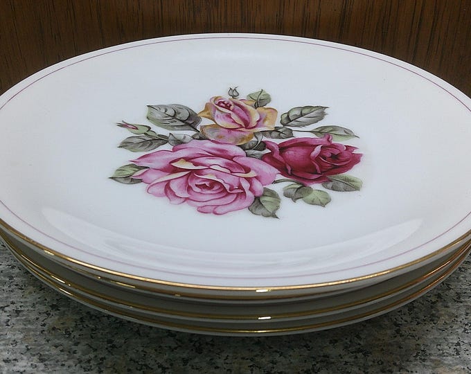 2408 Jyoto China 7.5" Salad / Snack Plates Vintage Set of 4 with Pink & Red Roses Gold Rim Made in Japan - Great Condition