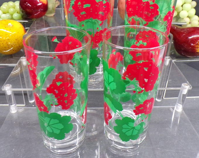 2304 Green and Red Floral Pattern 14oz 6.25" Vintage Set of 4 Highball Tumblers - Good Condition No Chips or Cracks