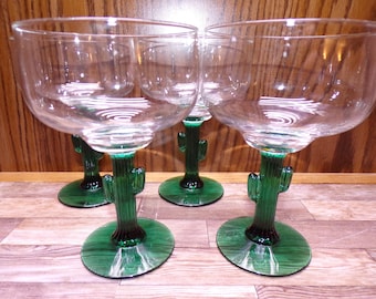 2511 Libbey Glass Saguaro Southwest Cactus 6.25" 16 oz Footed Margarita Glasses Set of 4 - Excellent Condition