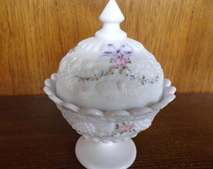2506 Westmoreland Milk Glass 5.5" x 7" Footed Covered Grape and Leaf Scalloped Rim Candy Dish w/ Hand-painted Roses & Bows - Great Condition