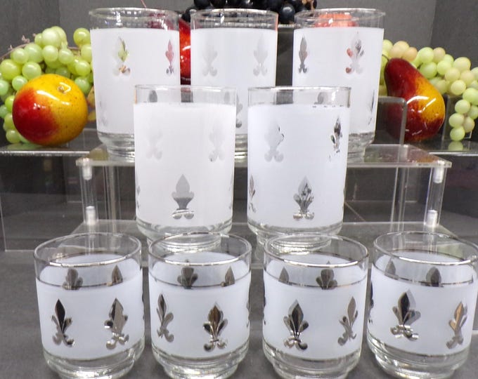 2302 Libbey Glass Silver Accent Frosted Tumblers Vintage Set of 9 - (5) 4.5" Tall & (4) 3.25" - Good Condition