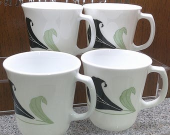 2405 Corelle Black Orchid 4.25" Coffee Mugs/ Cups Set of 4 - Black & Green Floral - USA- Good Condition No Chips or Cracks