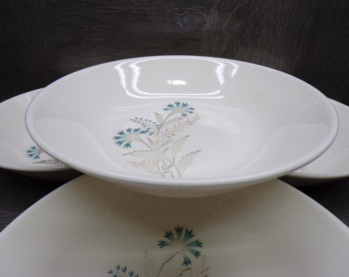 2603 TST Taylor Smith Taylor Bachelor Button Vintage 50's to 60's Ironstone 6" Bowl Set of 4 Teal/ Grey Floral- Good Cond Tiny Chip on 1 Rim