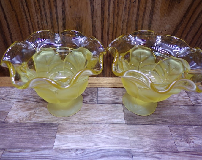 2508 Pair of Viking Glass 5.5"W x 4.25"T Yellow Footed Partly Frosted Cabbage Leaf Compote Candy Dish / Candle Holder- Great Condition