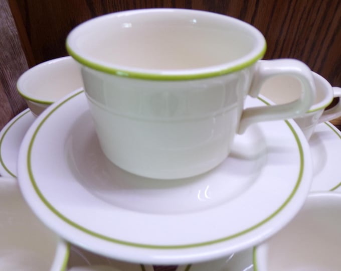 2510 Anchor Hocking Berry Patch Vintage Stoneware Set of 14 pcs - (7) Flat Cups & (7) Saucers Green Band Made in USA - Great Condition