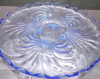 2609 Cambridge Glass Caprice Vintage Moonlight Blue 4 Toed 11.5" Swirled Optic Drapery Platter