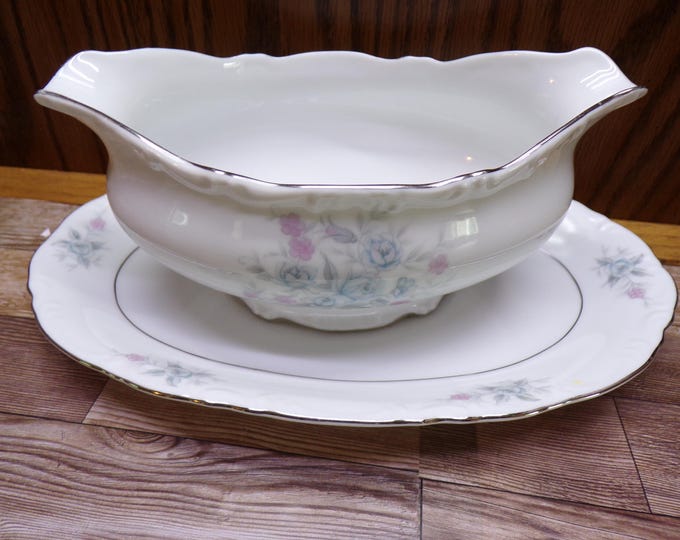 2508 Mikasa Bryn Mawr #9281 Silver, Pink, Blue Floral Silver Rim Gravy Pitcher & Underplate Vintage Fine China - Great Condition