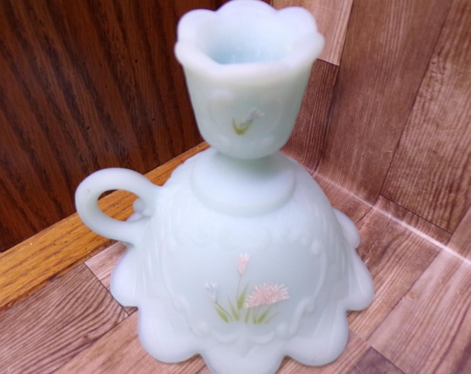 2506 Fenton Powder Blue Satin Finger Loop Candlestick Holder Hand-painted Signed by Artist - Great Condition