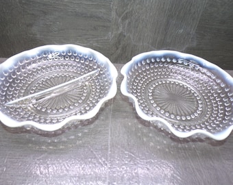 2605 Anchor Hocking Vintage 1940's Moonstone Opalescent Hobnail Pair of 7.5" Bowls 1 Open 1 Divided