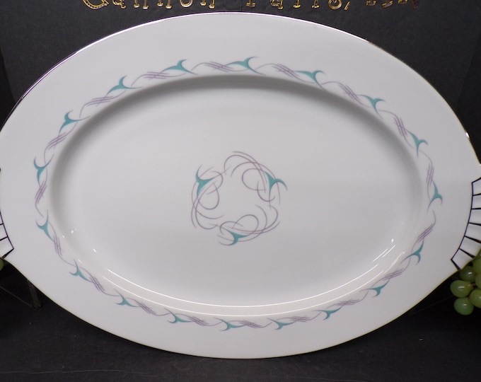 2307 Kent China Flair 17.75" x 12.25" Vintage Oval Serving Platter - Teal & Gray - Platinum Rim - Good Condition No Chips or Cracks