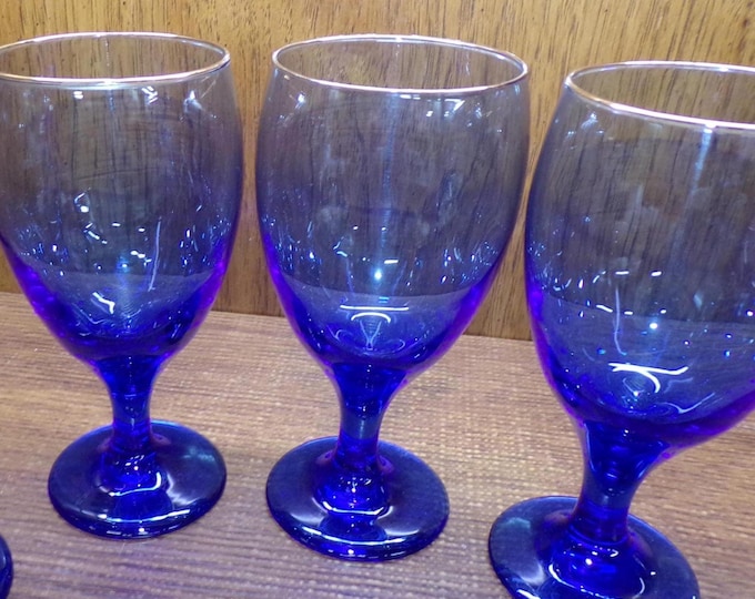 2506 Libbey Glass Cobalt Blue 7" 16 oz Premiere Footed Water Glasses Set of 3 w/ Gold Rim - Great Condition