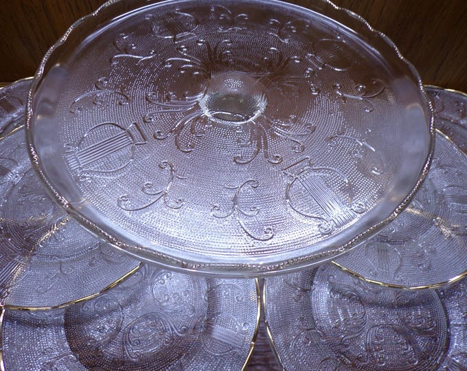 2506 Jeanette Glass Harp 1950's Vintage Gold Trim 10" Cake Stand Footed Platter & (6) 7.25" Dessert Plates - Good Condition No Chips