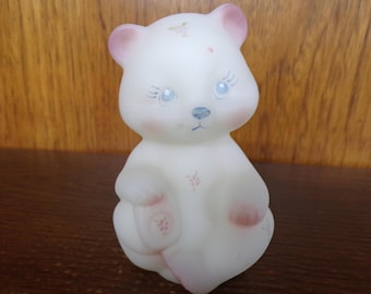2501 Fenton Glass 4" Hand-Painted Vintage White Satin Sitting Bear w/Pink Ears & Paws Blue Eyes Signed Fenton Sticker and Stamp- Great Cond.