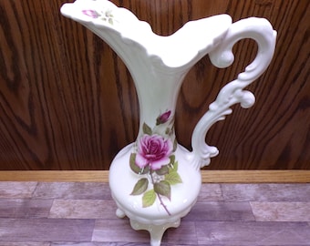 2509 Lionstone Pottery Inc. Vintage 13" Decanter / Vase Pink Roses - Great Condition