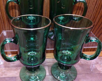 2508 Libbey Juniper Green Glass 6" 10 oz Vintage Footed Irish Coffee Mug w/ Gold Rim Set of 4 - Great Condition