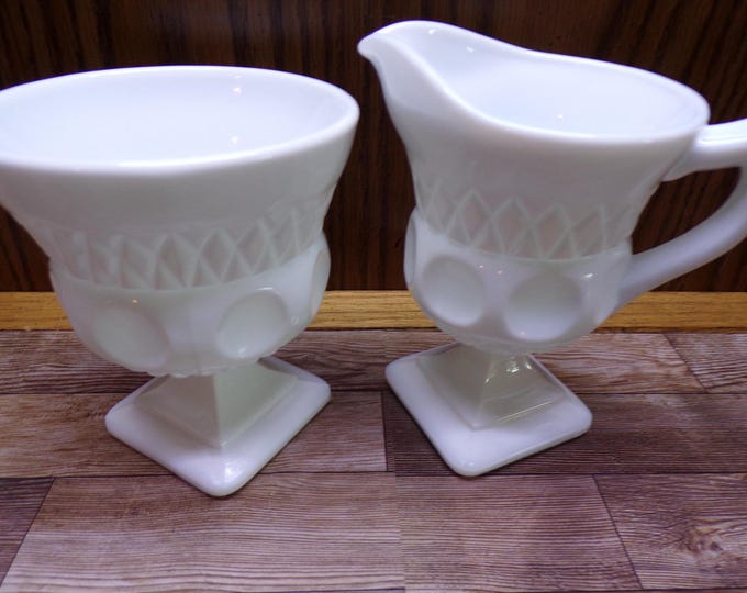 2508 McKee Milk Glass 4.5" Footed Square Base Thumbprint Vintage Sugar Dish & Cream Pitcher - Great Condition