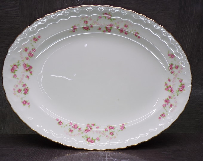 2602 Pope-Gosser Florence Vintage 13.25" x 10" Oval Platter Pink Rose China w/ Gold Rim Made in USA - Great Condition