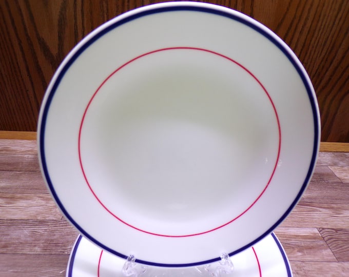 2509 Corelle Plymouth 6.75" Bread Plates Set of 4 with Red Band & Blue Rim - Great Condition