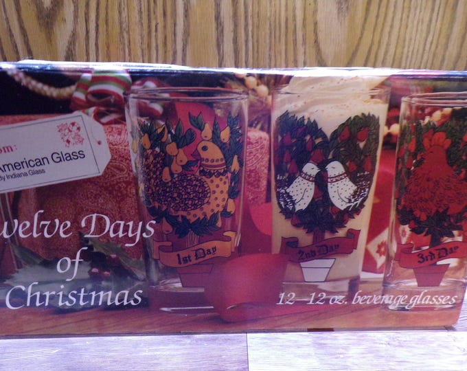 2510 Indiana Glass 12 Days of Christmas 6" 12 oz Tumbler Full Set of 12 - Excellent Condition in Original Box