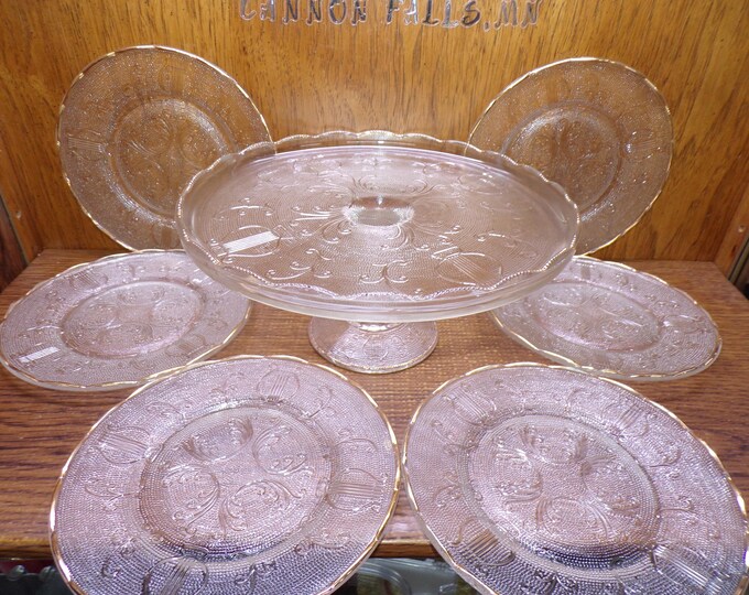 2506 Jeanette Glass Harp 1950's Vintage Gold Trim 10" Cake Stand Footed Platter & (6) 7.25" Dessert Plates - Good Condition No Chips
