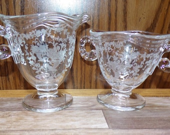 2508 Fostoria Glass Clear Baroque Etched Meadow Rose 4" Vintage Cream Pitcher & Open Sugar Dish - Great Condition