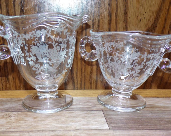 2508 Fostoria Glass Clear Baroque Etched Meadow Rose 4" Vintage Cream Pitcher & Open Sugar Dish - Great Condition