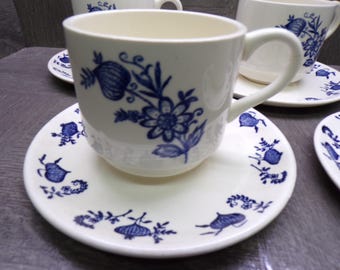 2602 Scio Pottery Old Town Blue Onion Vintage 1950's Ohio, USA 8 pc Set (4 each) 8 oz Cups & Saucers - 1 Cup has a Cracked Handle