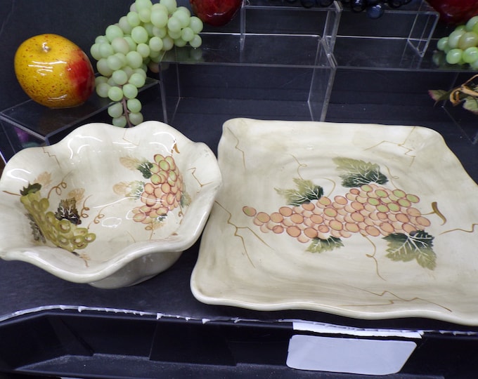 2305 Tabletops Unlimited Cabernet Hand Painted Grape Stoneware 11" Platter and 7" Bowl - Good Condition No Chips or Cracks