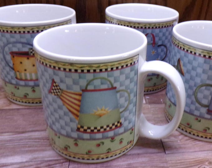 2509 Sakura Watering Can 1999 Vintage 4" 12 oz Cups / Mugs Set of 4 by Debbie Mumm - Great Condition