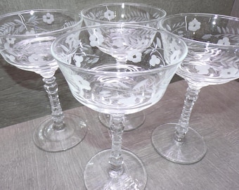 2607 Libbey Rock Sharpe 6" Champagne / Tall Sherbet Glass with Etched Floral & Faceted Stem Set of 4