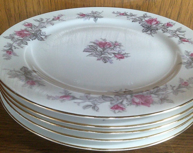 2411 Wentworth China #7126 Roxanne 10.25" Dinner Plates Set of 5 Vintage Beautiful Pink Rose Grey Accents w/ Gold Rim Japan- Great Condition