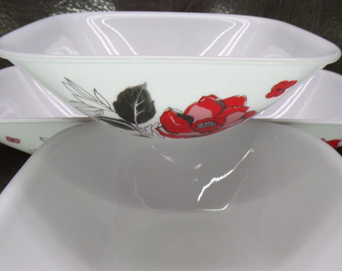 2602 Corelle Boutique Chelsea Rose 6.5" Square Bowls Set of 4 - Red, Black, Gray Floral - Great Condition