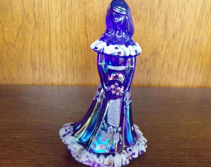 2501 Fenton Glass 7.25" Bridesmaid Hand-Painted Flowers on Blue Dress with White Textured Trim - Fenton Stamp Signed - Great Condition