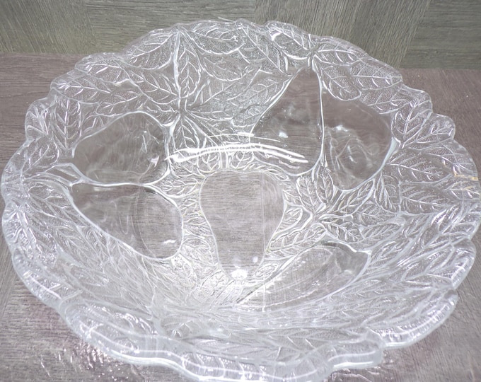 2602 Vintage Clear Glass Baltimore Pear & Textured Leaves 9" x 3" Tall Bowl - Good Condition Couple Scratches