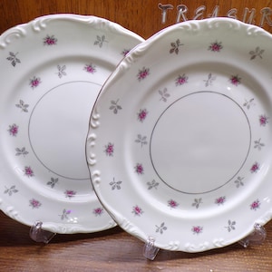 May include: Two white porcelain plates with a scalloped edge. Each plate features a delicate floral pattern of pink roses and gray leaves. A thin silver band encircles the center of the plate, adding a touch of elegance. The plates are displayed on clear stands.