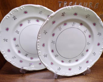 2507 Rosette Fine China Vintage Platinum Accent Pink Roses 10" Dinner Plates Set of 2 Made in Japan Scalloped Platinum Rim - Great Condition