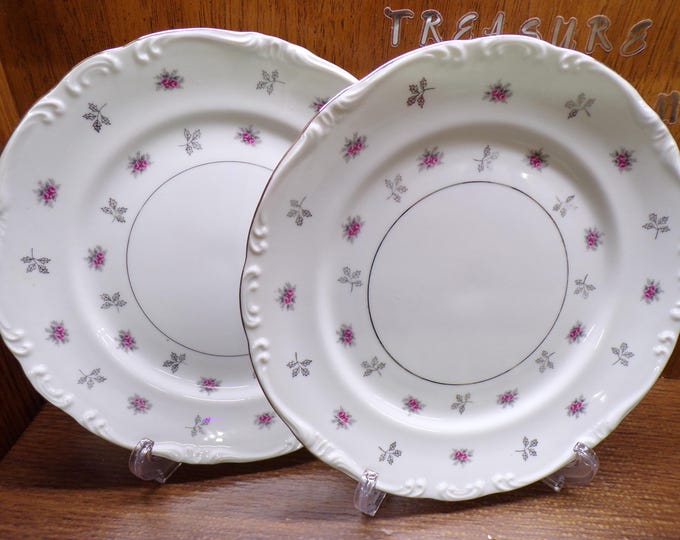2507 Rosette Fine China Vintage Platinum Accent Pink Roses 10" Dinner Plates Set of 2 Made in Japan Scalloped Platinum Rim - Great Condition