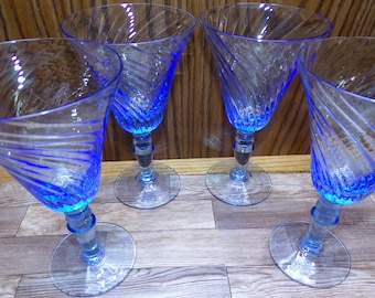 2508 Beautiful Blue Glass Swirl 6.75" Footed Stemmed Glasses Set of 4