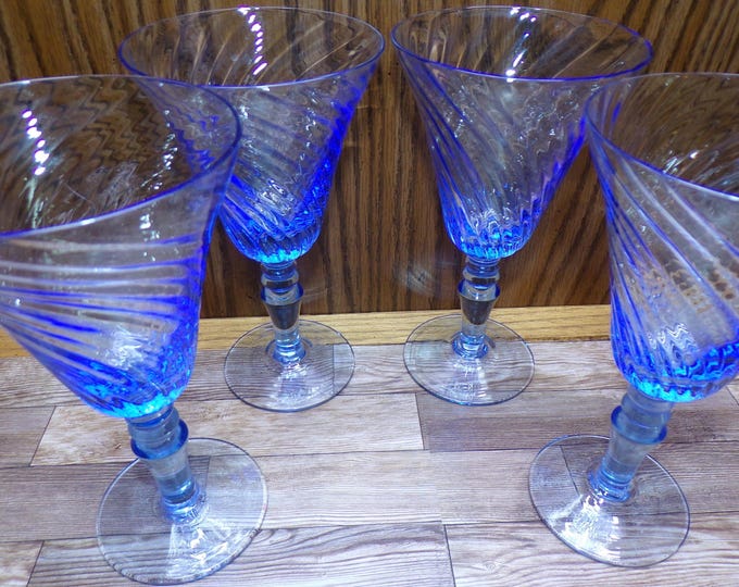 2508 Beautiful Blue Glass Swirl 6.75" Footed Stemmed Glasses Set of 4 Great Condition