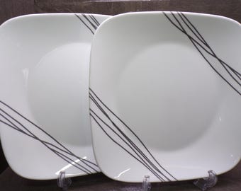 2605 Corelle Set of 2 Simple Sketch Square Vintage 10.5" Dinner Plates Black Lines - Great Condition