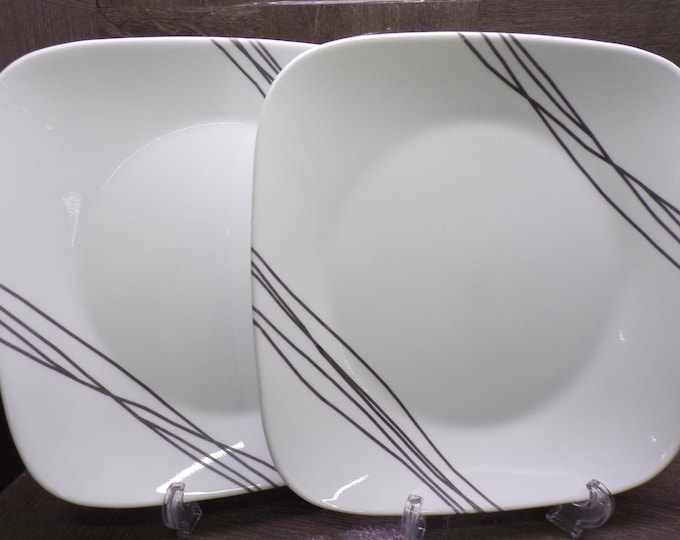2605 Corelle Set of 2 Simple Sketch Square Vintage 10.5" Dinner Plates Black Lines - Great Condition