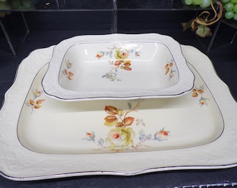 2307 Edwin M. Knowles China Cameo Vintage Pair - 14" Platter & 9" x 7" Bowl - Pretty Good Condition with Some Wear