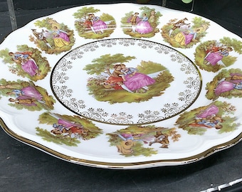 2312 Bayreuth Bavaria 12" Centerpiece Fruit Bowl- Gloria Fine Porcelain Fragonard 22 Carat Gold Rim & Accent- Corting Couple