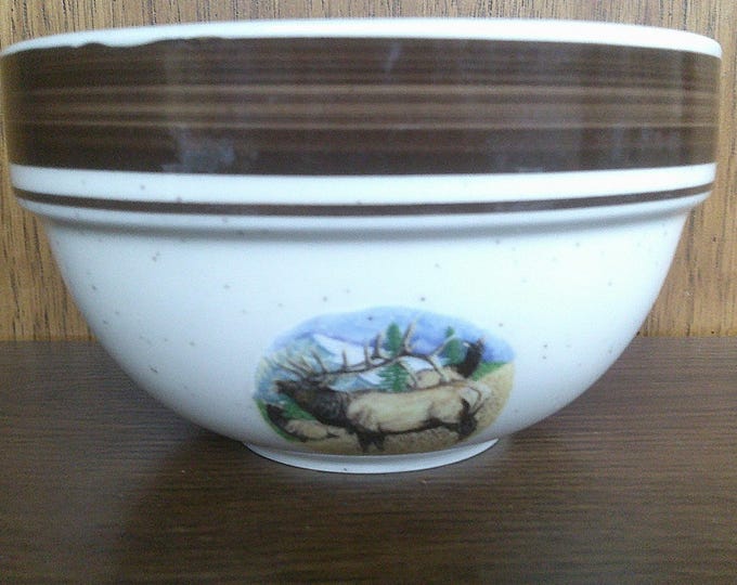 2411 Folk Craft Bugling Elk Vintage Stoneware by Scotty Z for Cabelas 6.25" Wide x 3.75" Tall Soup Bowl Set of 1 - Great Condition