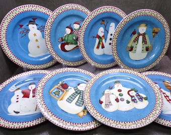 2606 Sakura Snowmen 8" Lunch / Snack Plates Full Set of 8 Vintage 1998