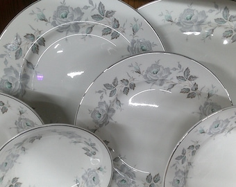 2411 Johnson Bros Snowhite Beautiful Grey & Teal Floral Roses w/ Platinum Rim Dinnerware Made in England - Great Condition Choose from List: