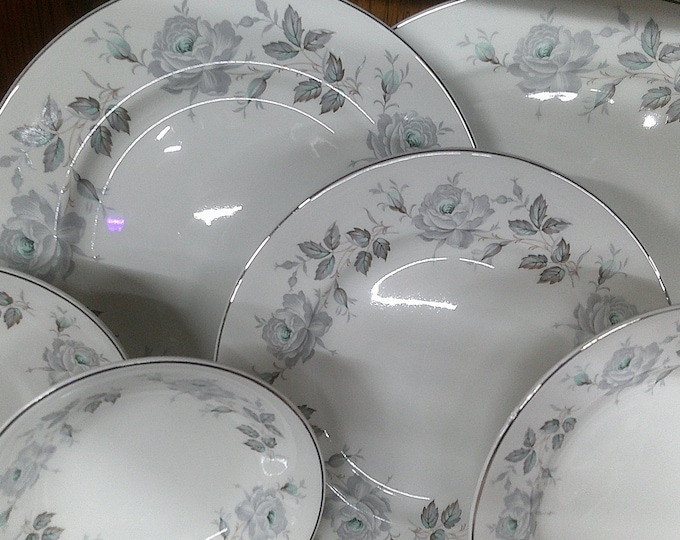 2411 Johnson Bros Snowhite Beautiful Grey & Teal Floral Roses w/ Platinum Rim Dinnerware Made in England - Great Condition Choose from List: