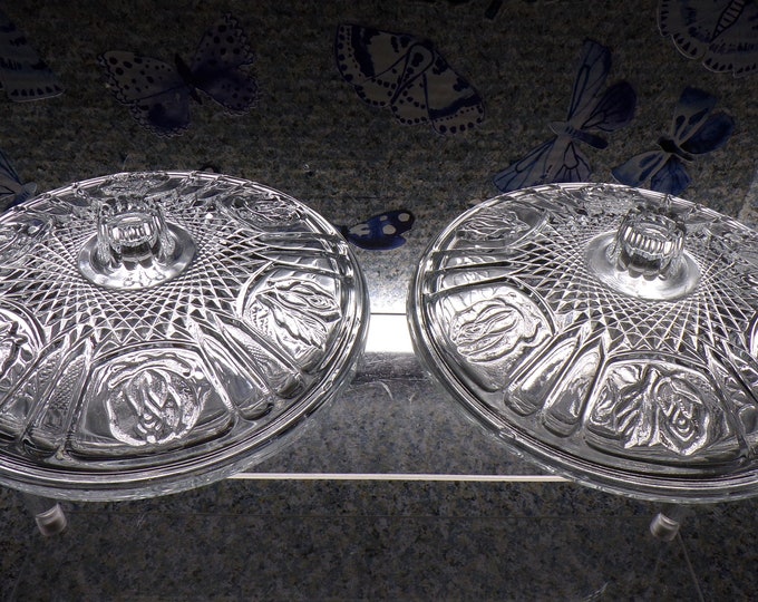 2209 KIG Glass Candy Bowls with Lids Vintage Set of 2 - Embossed Roses Pattern- Indonesia - One Bowl has a Chip on Rim Other has No Chips