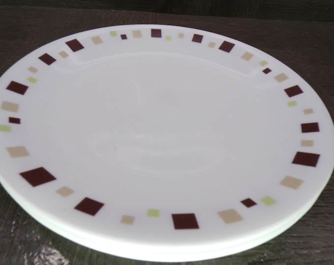 2602 Corelle Geometric Chocolate 8.5" Salad / Lunch Plates Set of 5 Vintage - Brown, Tan, Green Squares - Great Condition